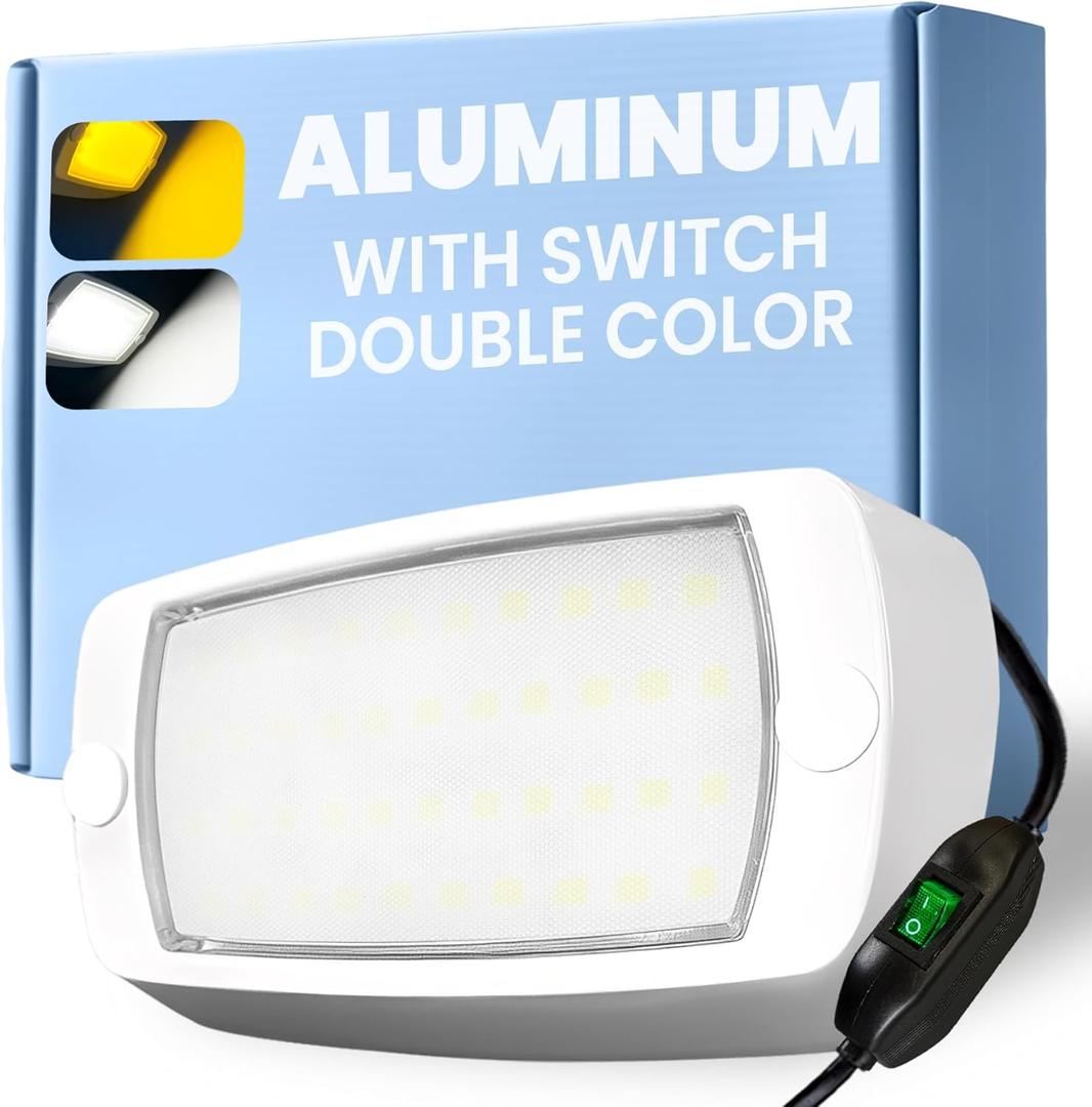 Aluminum RV Exterior Porch Light, Dual-Color LED with Switch, 12V IP67 Waterproof Floodlight, Low Current All-Weather Lighting for Campers, Trailers, Trucks & 5th Wheels (White Housing)