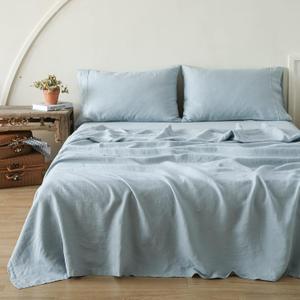 Simple&Opulence 100% Pure Linen Sheet Set King Size, Natural French Flax Solid Color 4 Pcs Washed Breathable, Farmhouse Bedding (1 Flat Sheet,1 Fitted Sheet,2 Pillowcases)-Embroidery Dusty Blue