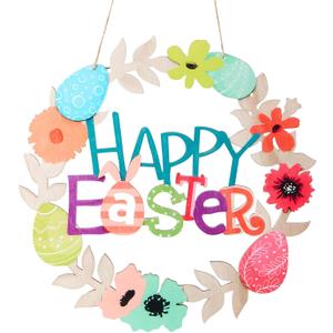Wooden Easter Wreath for Front Door with Colorful Egg Bunny Happy Easter Decorations Welcome Sign for Wall Decor Home