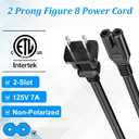 2 Prong Power Cord 15 FT, Non-Polarized AC Power Replacement Supply Cable, 7A, 125V, ETL Compatible with PS5/PS4 Samsung LG TCL Sony Roku TV, Xbox, Laptop, Printer, C7 to 1-15P, Black, with 25 Ties