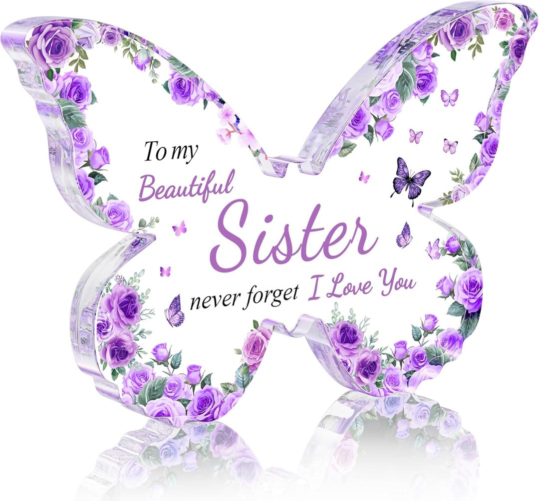 Sister Birthday Gifts, Christmas Mothers Day Birthday Gifts Ideas for Sisters, Christmas Gift for Sister from Sisters, Purple Butterfly-Shaped Acrylic Keepsake Decorations