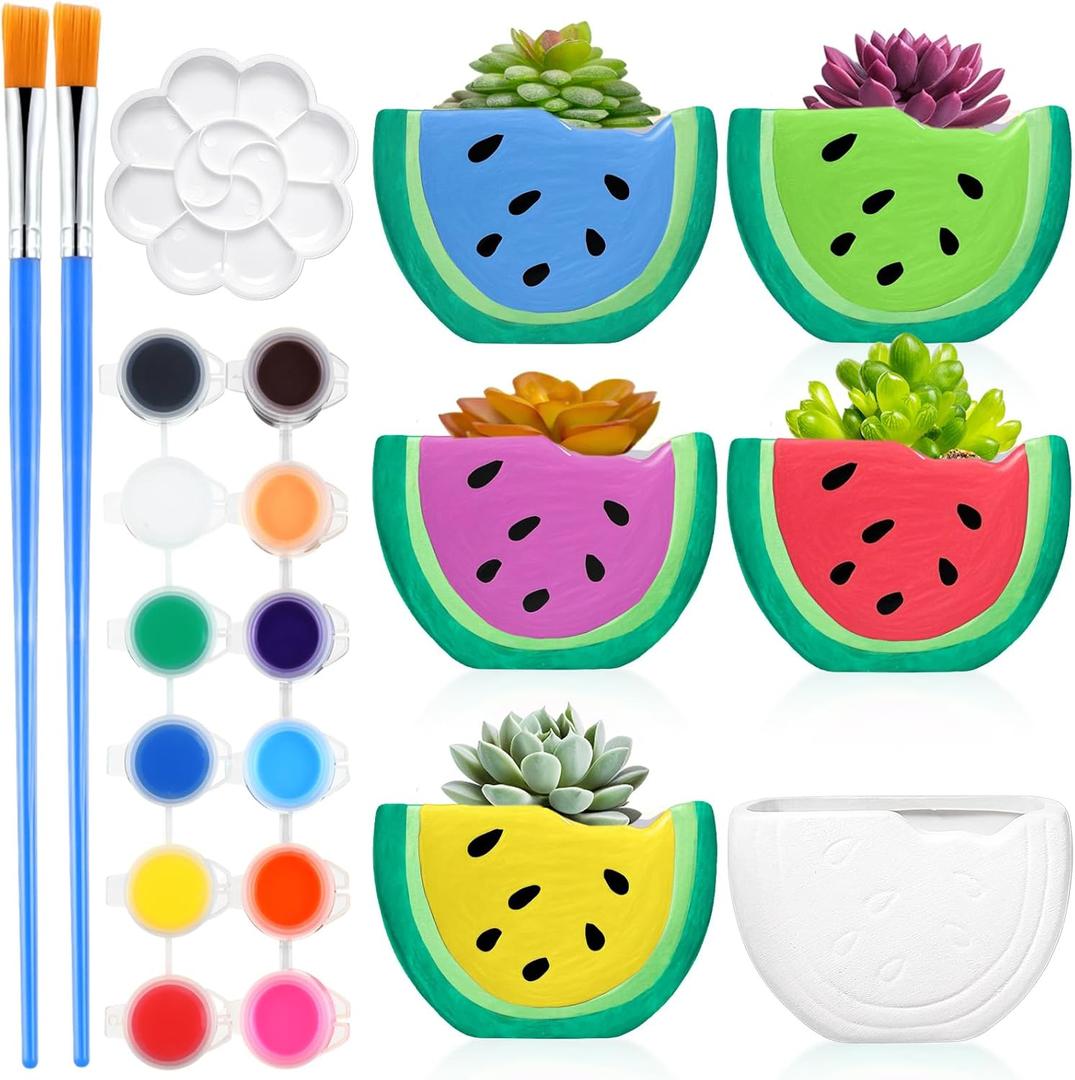 Pasimy 6 Set Ceramics to Paint DIY Ceramic Succulent Planter Pots Paint Your Own Flower Pots Craft Kit Unpainted Bisque Flowerpot with Brush Palette for Family Activity Holiday Gifts(Watermelon)