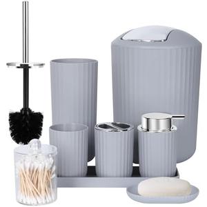 FEILANDUO Bathroom Accessories Sets Complete, 8 Pcs Bathroom Accessory Set with Trash Can, Soap Dispenser, Soap Dish, Toothbrush Holder,Toothbrush Cup,Toilet Brush and Qtip Holders,Vanity Tray (Gray)