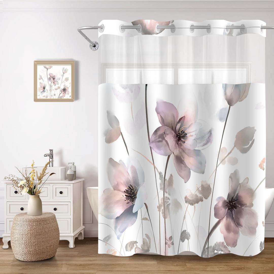 No Hook Shower Curtain and Liner Set, Pink Boho Floral Shower Curtains for Bathroom, Watercolor Flower Waterproof Bathroom Curtain Sets with Snap in Liner, 71x74 Inch