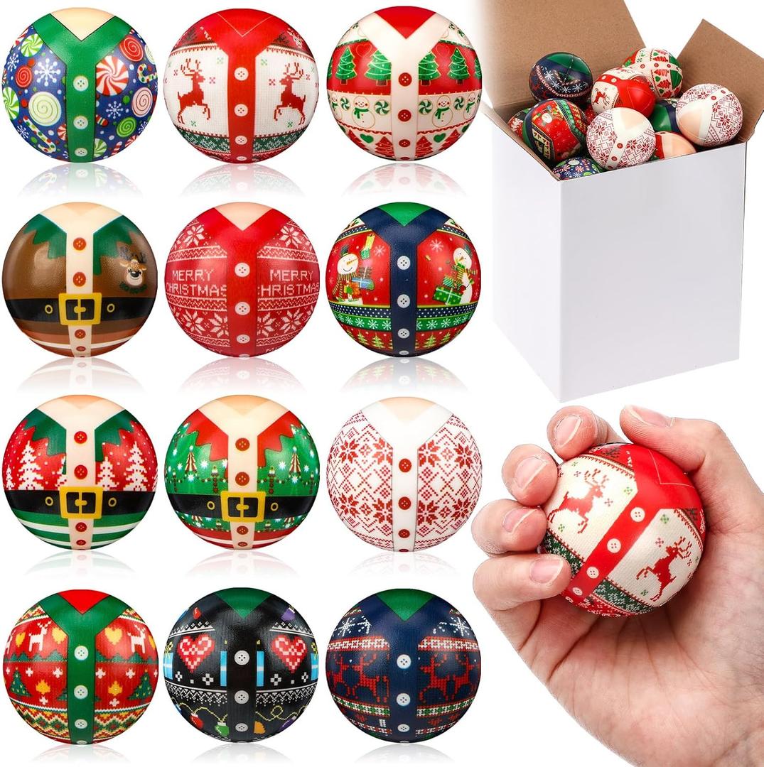 16 Pcs Christmas Ugly Sweater Stress Balls Bulk 2 Inch Christmas Foam PU Squeeze Balls Mini Stress Relief Toys Xmas Party Favors Goodie Bag Fillers Stocking Stuffer Gifts