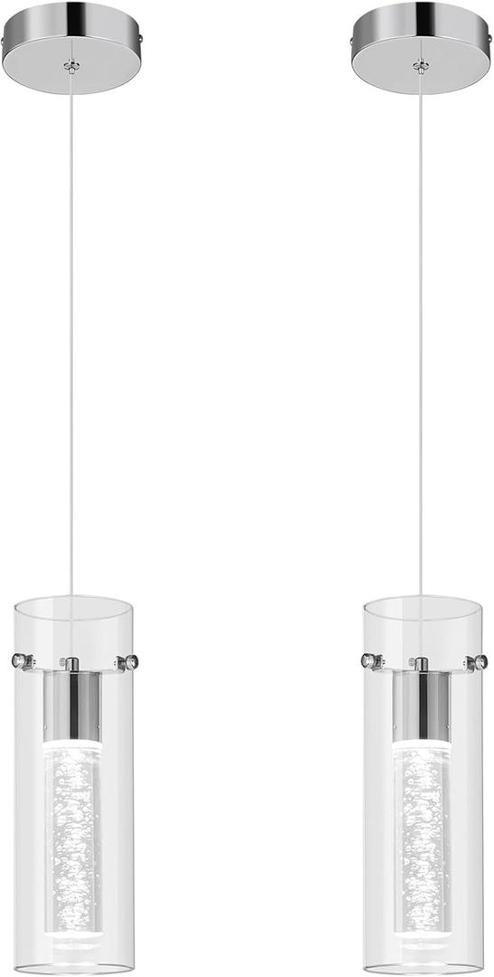Pendant Ceiling Light Fixture for Kitchen Island, Chrome Pendant Light Integrated LED Hanging Light with Crystal Bubble Glass Pendant Light Modern Pendant Lights Kitchen Island (2-Pack)