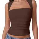 QINSEN Womens Square Neck Tank Tops Side Ruched Double Lined Slim Fit Summer Going Out Crop Top (Medium, Chestnut)
