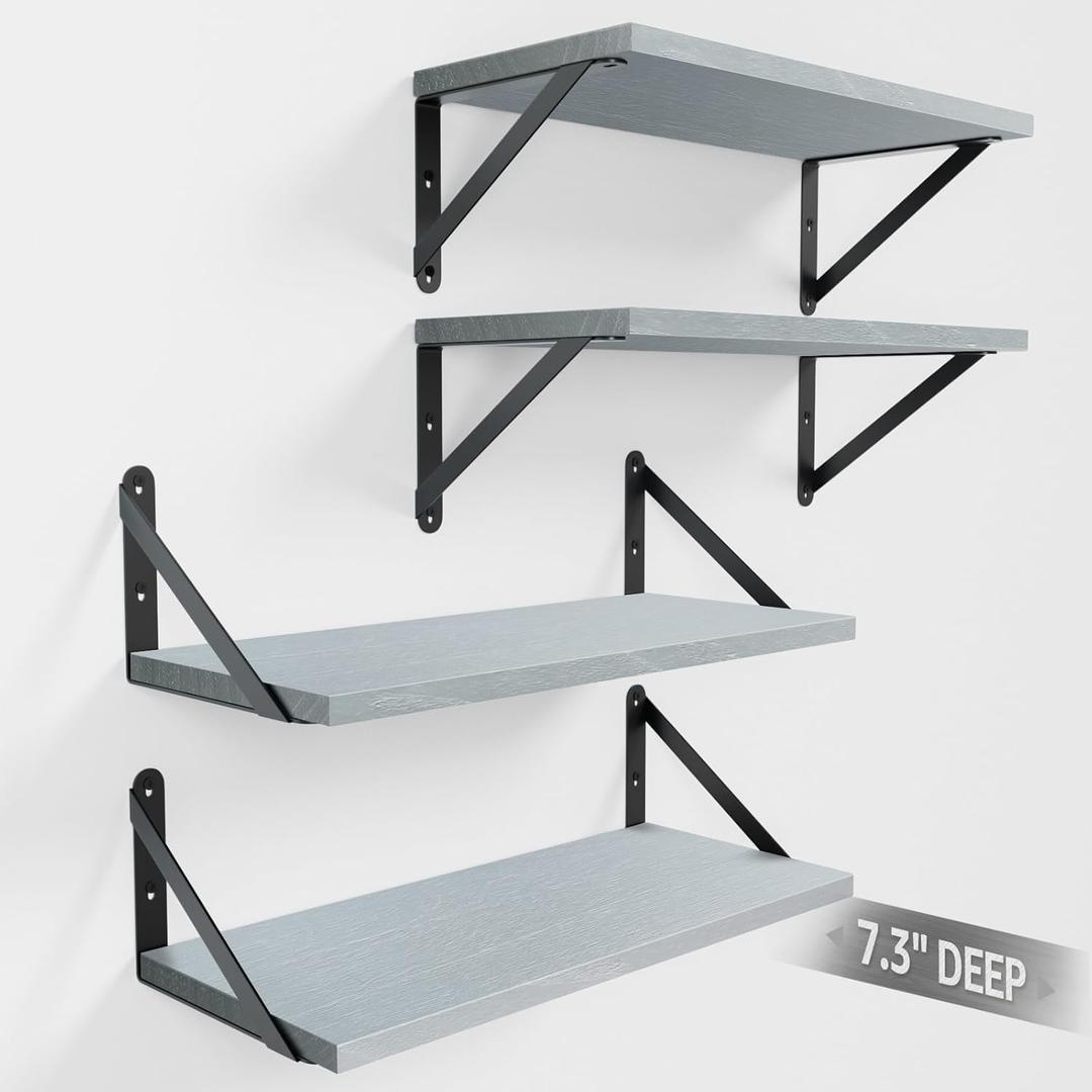 Wall Shelves 7.3" Deep Set of 4, Solid Paulownia Wood Wider Longer Sturdy Easy to Install Wall Mounted Bookshelves Storage Shelves Bathroom Home Office Laundry Room Bedroom Organizer Gray
