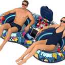 Pool Floats Adult, 2 Person River Tubes Inflatable 5-in-1 Heavy Duty River Raft with Backrests Builtin Cooler 2 Cup Holders Floating Lounge for Lake Swimming Tanning Pool Toys Summer Relaxation