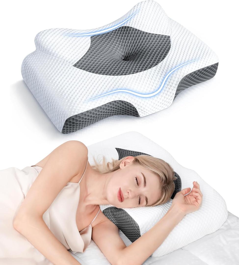 Osteo Cervical Pillow for Neck Pain Relief, Hollow Design Odorless Memory Foam Pillows with Cooling Case, Adjustable Orthopedic Bed Pillow for Sleeping, Support for Side Back Sleepers (Queen(25.5*16.5*5.2/4.1 inches), Dark Grey)