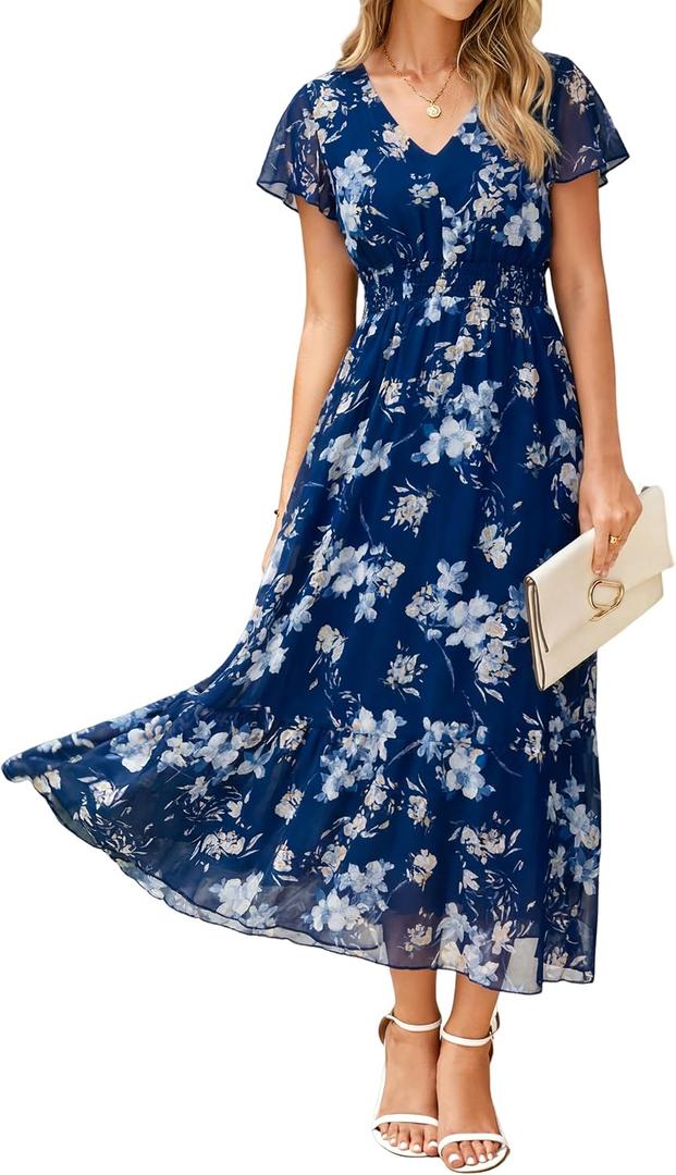 Simplee Womens Floral Maxi Dress - Short Sleeve Summer Boho Wedding Guest Dress Empire Waist Chiffon Modest Midi Dresses (Blue, XL)