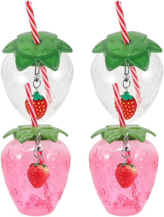 Healifty strawberry cups for Party: 4 Sets Cute 500ml 17oz Strawberry Bottle with Straw Leaf Lid Keychain Drinking Tumbler Water Juice Milk Tea Mug for Kids Girls Hawaiian Summer