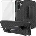 Ailiber for Samsung Galaxy S25 FE Case, Samsung S25 FE Belt Clip Case Holster with Tempered Glass Screen Protector, Swivel Kickstand Holder, Slim Shockproof Slide Shell Pouch Cell Phone Cover-Black