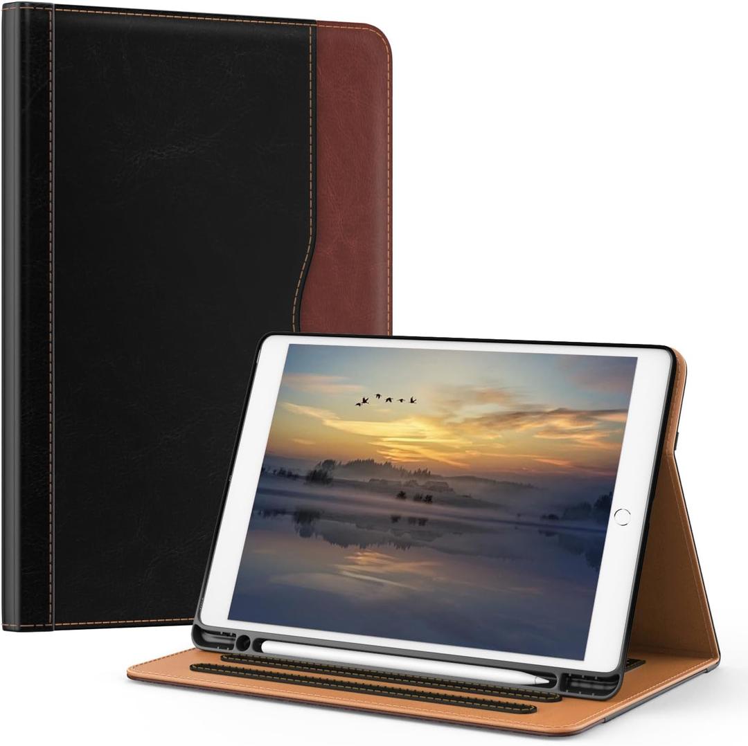 OKP Case for iPad 9th Generation 2021 / 8th Generation 2020/ 7th Gen 2019 10.2 inch Case with Multi-Angle Viewing PU Leather Stand Cover with Pencil Holder & Pocket, Auto Sleep/Wake, Black Brown