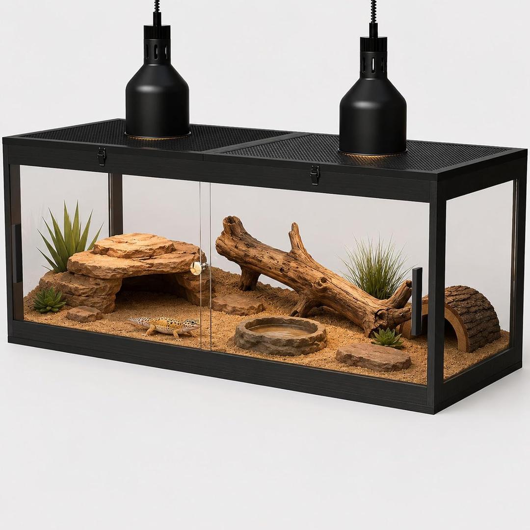 Bearded Dragon Tank, 80 Gallon Reptile Tank with Removable Sliding Door & Lock, Top Split Into 2 Openable Lockable Panels for Ventilation & Easy Feeding, Easy to Assemble.