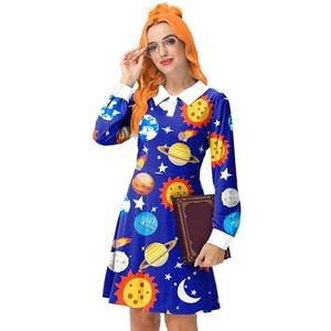 Remimi Women Halloween Costume Peter Pan Collar Long Sleeve Solar System Printed Cosplay Dresses, Size 2XL