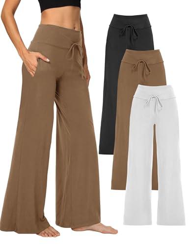 Showitty 3 Pack Women's Wide Leg Pants with Pockets, Casual Loose Pajama Palazzo Trousers Sweatpants for Yoga Lounge M
