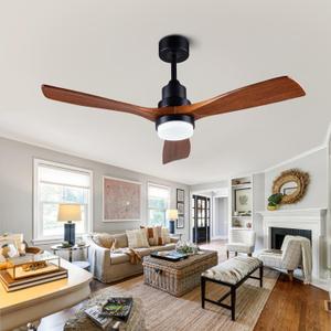 48" Wooden Ceiling Fans with Lighted Remote Control, Indoor Outdoor Wooden Ceiling Fan, Outdoor Modern Ceiling Fan with 3 Fan Blades for Patio, Living Room, Farmhouse, etc. (Black + Walnut)