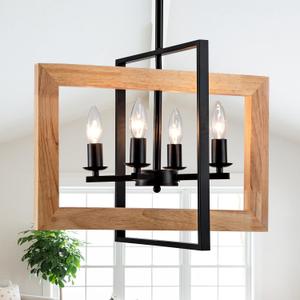 17.7 Inch Farmhouse Wood Chandelier for Dining Room, 4-Light Rustic Dining Room Light Fixtures Over Table with E12 Bases, Adjustable Hanging Light Fixture for Kitchen Island, Foyer, Entryway