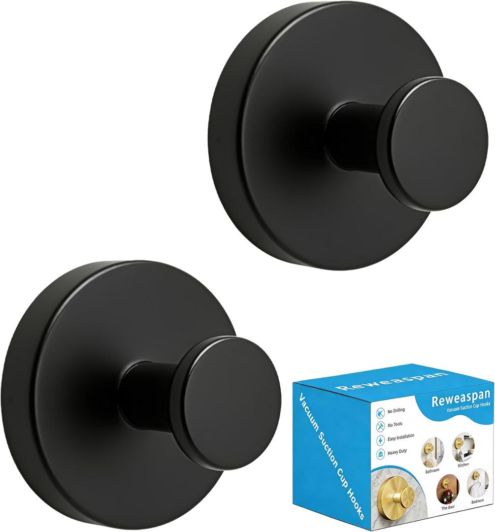 Suction Cup Hooks for Shower, Heavy Duty Towel Hooks for Walls No Damage, Suitable for Hanging Towels, Robes, Coats, Holds 15 lbs-2pack, Black