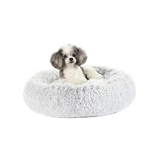 Bedfolks Calming Donut Dog Bed, 23 Inches Round Fluffy Dog Beds for Small Dogs, Machine Washable Anti-Anxiety Plush Puppy Bed（Light Grey, Small）