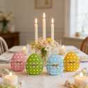 3 x 4 Pcs Easter Decoration Wooden Egg Table Tiered Tray Decor - 3.1"x3.9" Pastel Polka Dot Wood Egg Signs for Home Spring Party Centerpieces Kitchen Mantel Decor