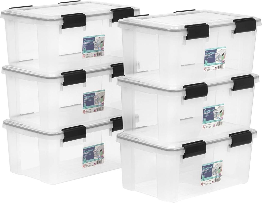 IRIS USA WeatherPro 19 Qt Storage Bins with Lids, 6 Pack, BPA-Free Plastic Gasket Box with Tight Latch and Seal, Stackable Nestable Tote Tub - Clear/Black
