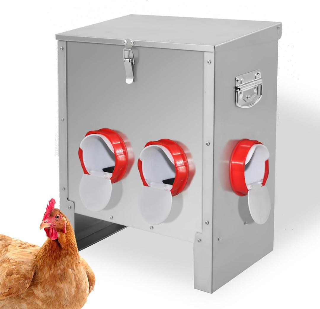 XKV Metal Automatic Chicken Feeder 30LBS with 6 Ports,No Feed Waste,All Seasons Support,Weather-Resistant and Animal-Proof,Suitable for Chicken,Geese,Ducks,Turkeys,Quails