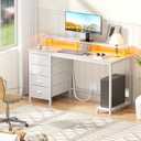 Furologee 47" White Computer Desk with 4 Fabric Drawers & Monitor Stand, Gaming Desk with Power Outlets - LED Lights, Home Office Space-Saving Study Table for Bedroom Small Spaces