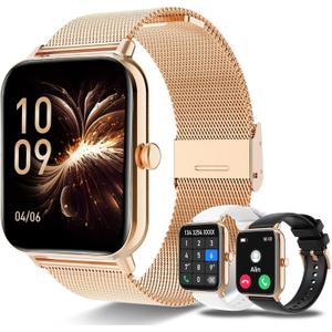 Smart Watch for Women Men(Answer/Dial Calls) 1.83" HD AI Voice Smartwatch with Fitness/Step Tracker/Heart Rate/Sleep/Stress Monitor, 120+ Sports Modes IP68 Waterproof for IOS/Android, Gold/3 Bands