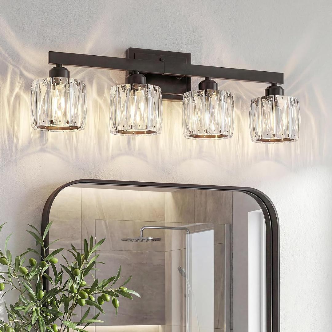 VOLISUN Crystal Vanity Lights for Bathroom, 4 Light Bathroom Vanity Light, Modern Matte Black Bathrooms Light Over Mirror, Black Bathrooms Lights Fixtures-UL Certificated(Exclude Bulb)
