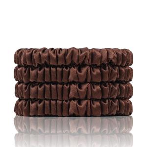 100% Mulberry Silk Scrunchies, 4 PCS, 22 Momme, Brown - Protecting Hair from Damage, for Hair Sleep, Silk Hair Ties Elastics