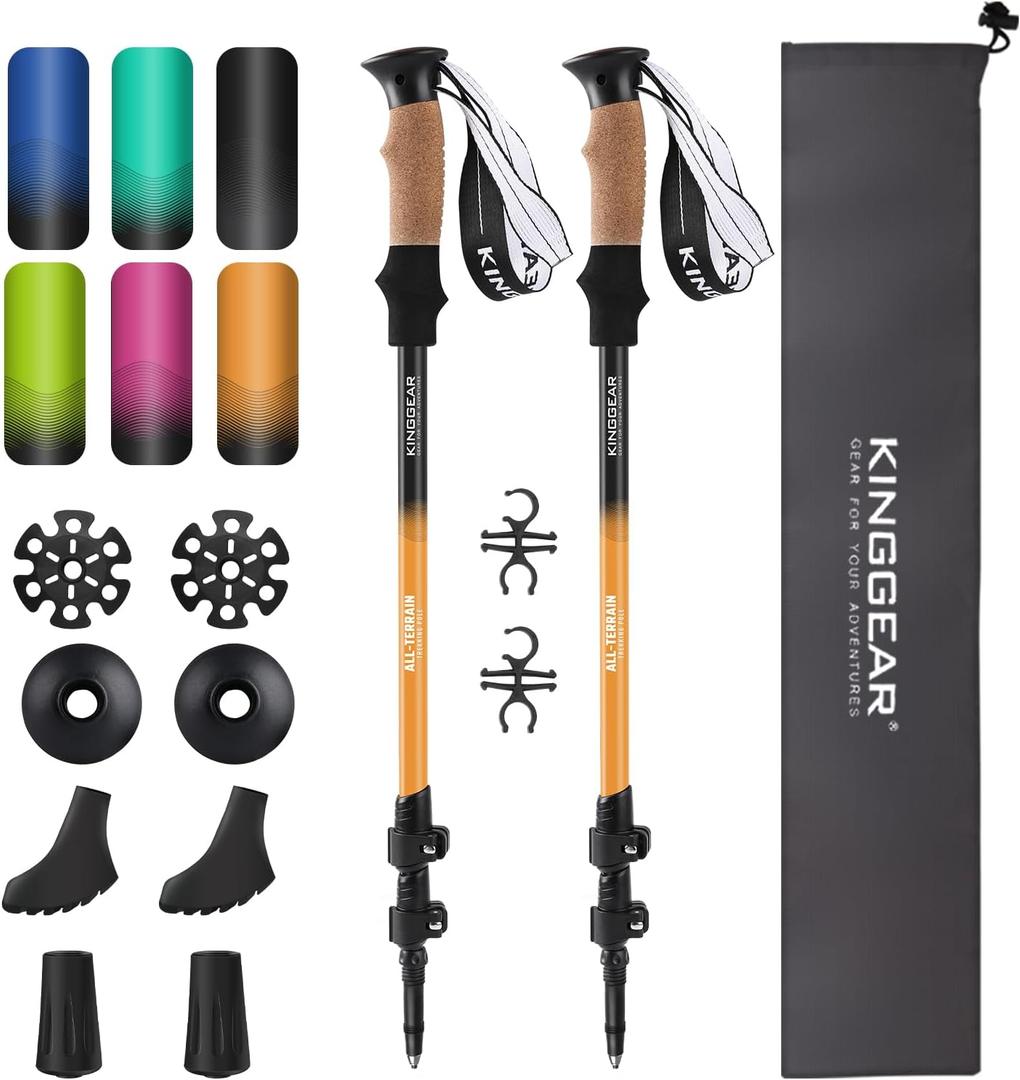 KINGGEAR Nordic Walking Stick, TP1 Hiking Poles Retractable Lightweight 7075 Aluminum, Trekking Poles with Flip Lock, Natural Cork and EVA Grip, 2pc Hiking Gear (Orange)