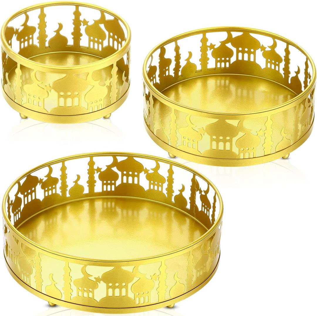 Honeydak 3 Pcs Ramadan Serving Trays Eid Mubarak Round Metal Food Trays Crazy Night Islam Eid Mubarak Plates Food Storage Containers for Eid Islamic Muslim Activity Party Favor, Gold
