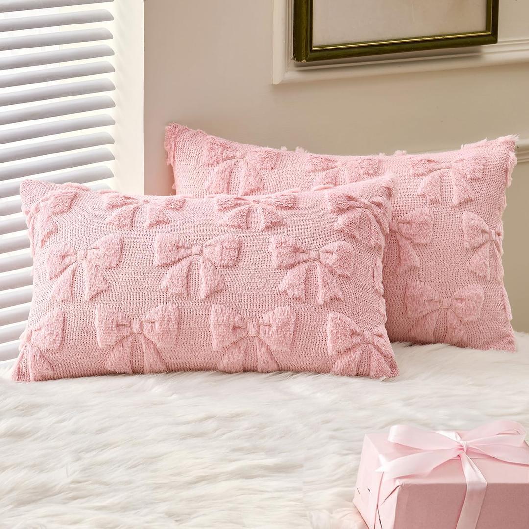 MIULEE Pink Bow Pillow Covers Coquette Room Decor Aesthetic Set of 2 Spring Decorative Cute Girl Soft Plush Faux Pillowcase for Preppy Room Decor Bedroom Couch,12x20 Inch