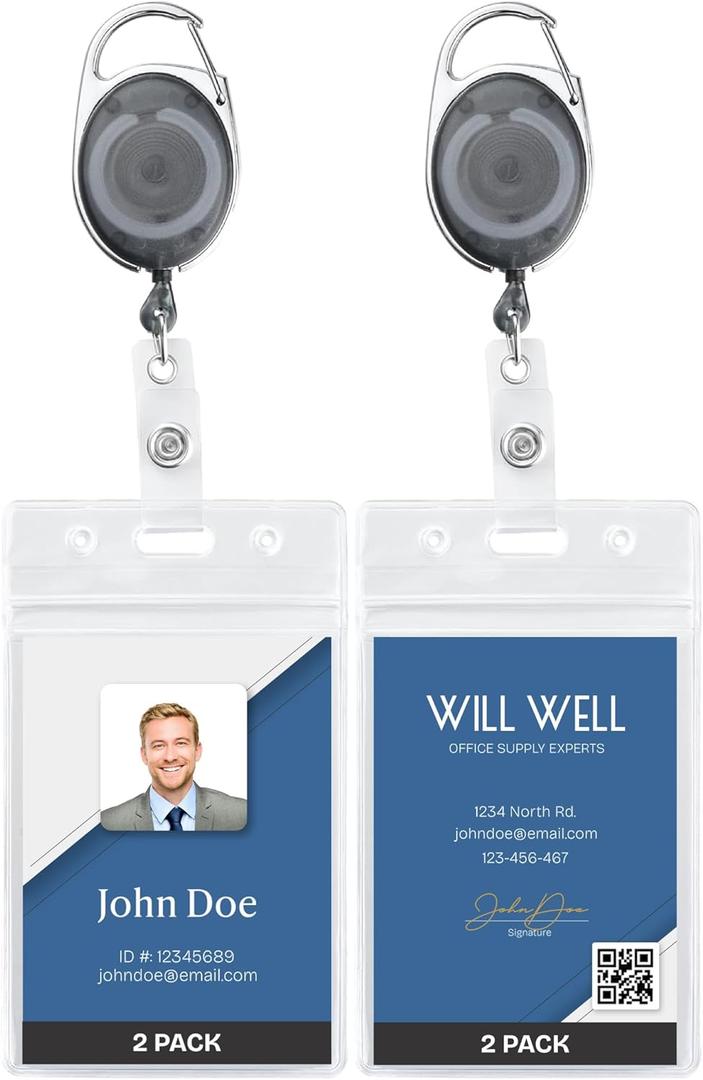 2 Pack ID Badge Holder with Clip – Transparent Badge Reels with ID Sleeves Set – Clear Id Card Holder Retractable – Vertical Lanyard Id Holder with Badge Reel – Badge Holders with 24" Pull Cord