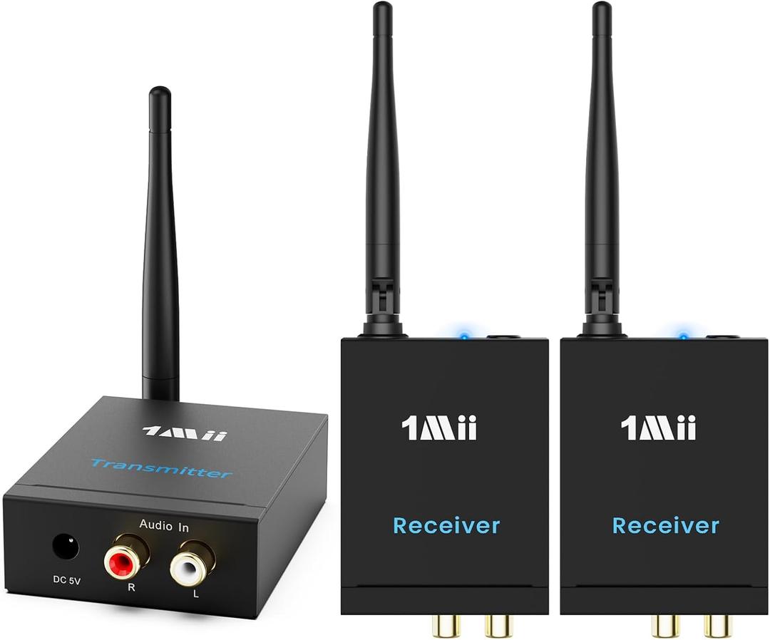 1Mii 2.4GHz (1 TX + 2 RX) Wireless Audio Transmitter and Receiver for TV, 20ms Ultra Low Delay RCA Out/in, 320 ft Range Wireless Adapter for Subwoofer to TV/PC/CD Player, 2 Receivers for Two Speakers