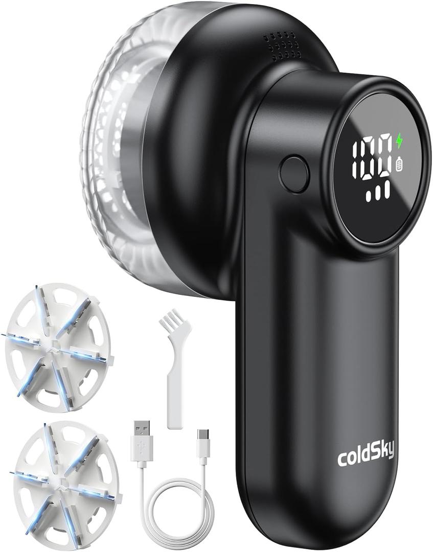 ColdSky Rechargeable Fabric Shaver, Lint Shaver with Digital Display, Sweater Shaver with 6-Leaf Blades and Safety Lock, 3-Speeds Defuzzer Remove Fuzz, Pills from Clothes, Furniture, Sofa, Blanket (Black)
