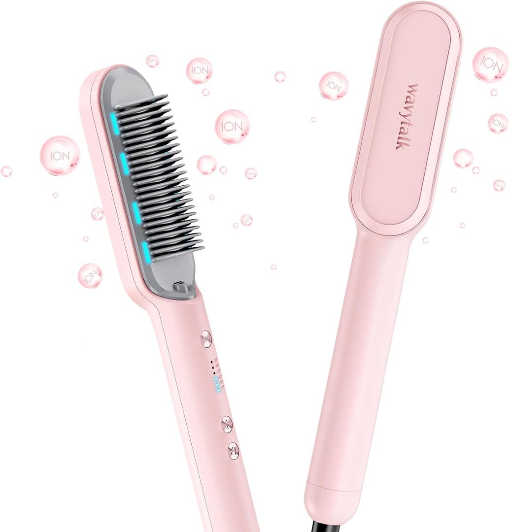 wavytalk Ionic Hair Straightener Brush, Hair Straightening Comb with Negative Ions, Anti-Scald Ceramic Flat Iron Comb Fast Heating for Home Salon, Dual Voltage Pink.