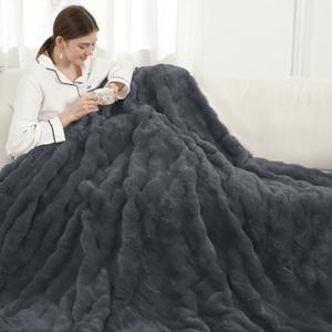 Electric Blanket Queen Size, Luxury Flannel & Faux Rabbit Fur Bubble Heated Blanket, 6 Heat Settings,110 Hour Auto Off, Overheat Protection, ETL & FCC Certification, 84" x 90", Machine Washable, Dark Gray