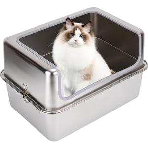 Stainless Steel Cat Litter Boxes with Metal Lid, Large Kitty Litter Pan with High Wall Enclosure-Odor Free&Easy to Clean (Silver-17.72*13.78*12 inches)