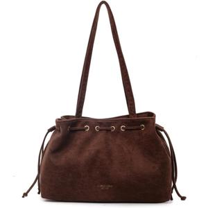 Retro Suede Bucket Purse Causal Travel College Crossbody Bag Drawstring Handbag Purse for Women Shouder Straps Tote (Coffee)