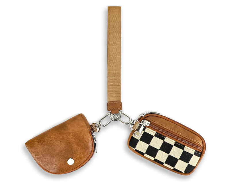 Checkered Dual Pouch Keychain Wallet for Women, Small Mini Zip Leather Coin Purse with Wrist Strap,wristlet hangbags, Brown
