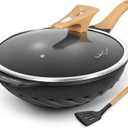 COOKLOVER Nonstick Woks And Stir Fry Pans Die-cast Aluminum Scratch Resistant 100% PFOA Free Induction Wok pan with Lid 12.6 Inch - BK