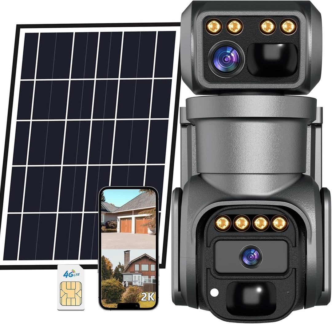 4G LTE Cellular Trail Camera,No WiFi Security Camera, 2K Solar Cellular Cam HD Dual Lens 360 Pan Tilt, Color Night Vision, PIR Motion Detection, IP66 Waterproof Installed SIM