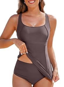 Aleumdr Women's Tankini Bathing Suit Athletic Two Piece Bathing Suit Racerback Swim Tank Top with Bottom Sporty Swimwear Dark Brown Medium