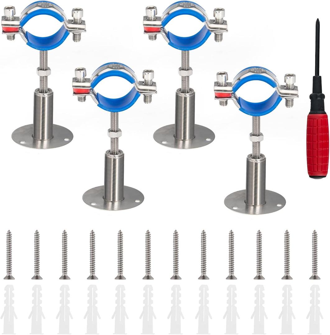 Kodilin 4PCS 304 Stainless Steel Wall Mount Ceiling Mount Pipe Supports,Suitable for OD Pipe 1-1/2"(42-45mm),Adjustable Height 50-100mm,Adjustable Pipe Strap Clamp with Screws