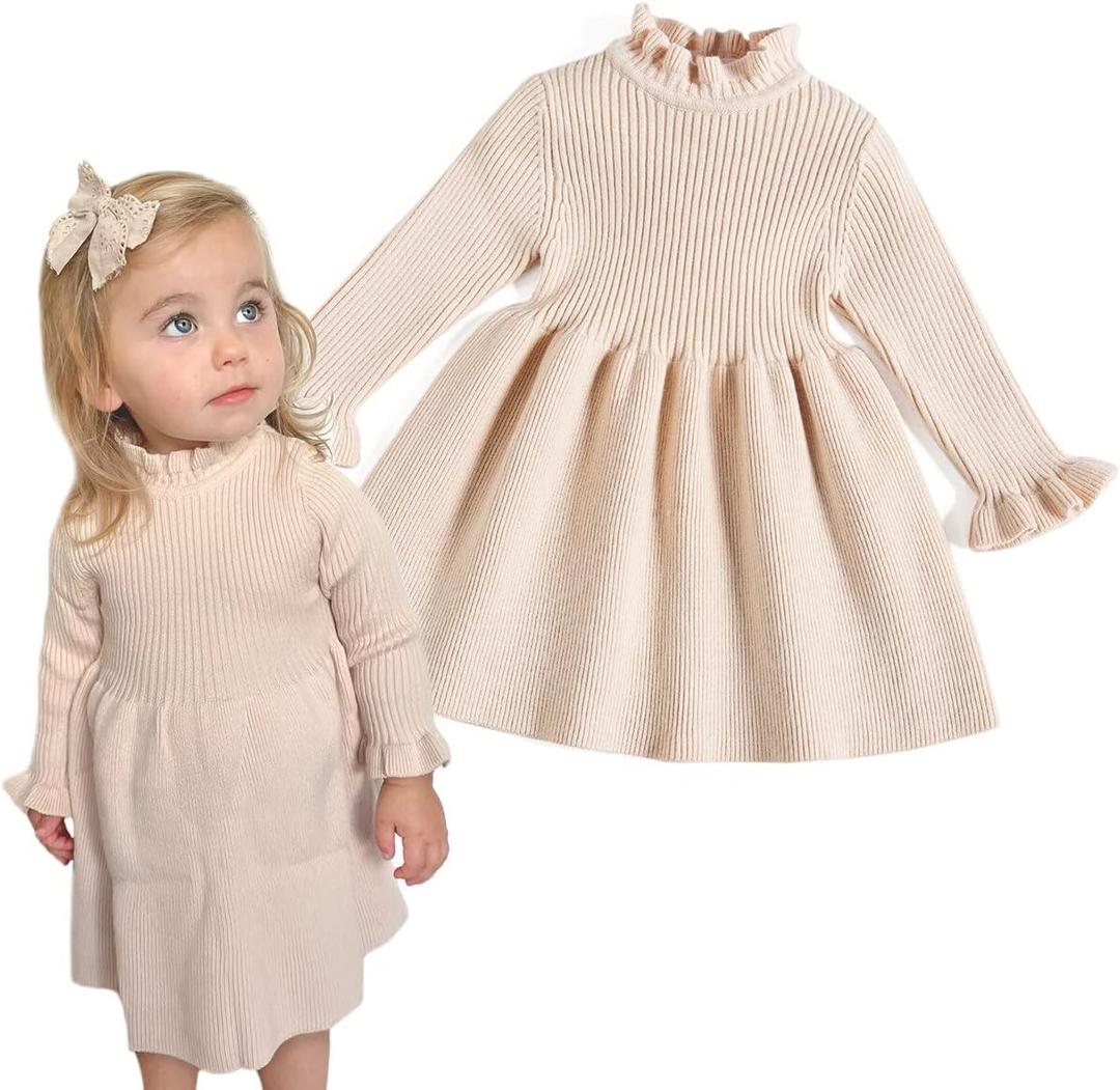 Simplee kids Little Girls' Long Sleeve Girl Dresses and Rompers Ribbed Knit Sweater Dress Black for 6M-5T (4T, B-pink Apricot)
