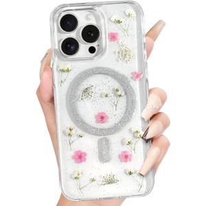 Loheckle for iPhone 16 Pro Case Women - Compatible with MagSafe Girls Cute Glitter Dried Flower Floral Girly Aesthetic Sparkle Unique Design Handmade Phone Cover for Apple 16 Pro 6.3", Fen