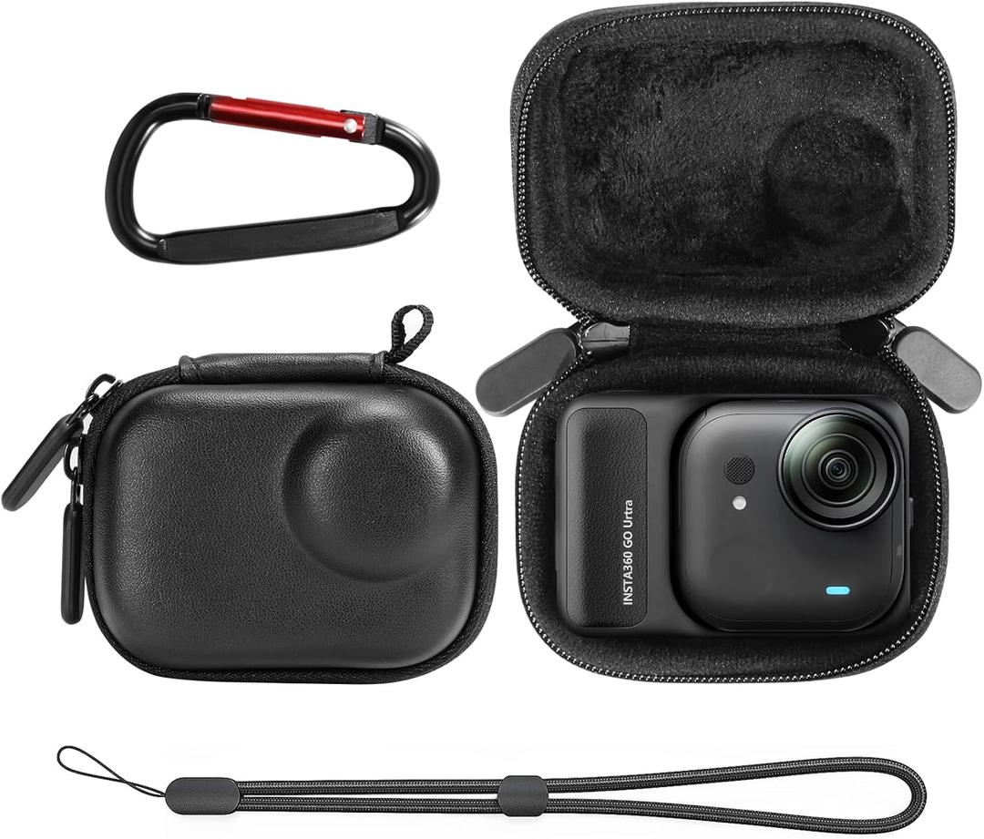 AMAZEAR Carry Case for Insta360 Go Ultra Accessories, Insta 360 Go-Ultra Portable and Compact Travel Bag Hard Leather Case with Soft Inner for Protection, Organization, and Storage, Black